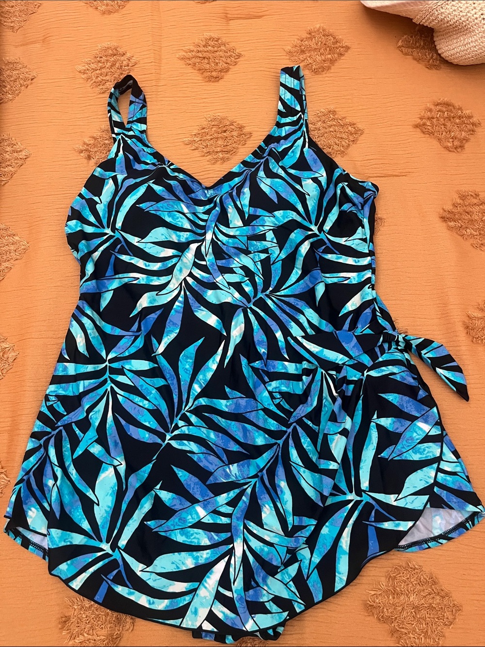 Woman’s Blue Tropical Leaf One-Piece Swimsuit Faux Sarong Look